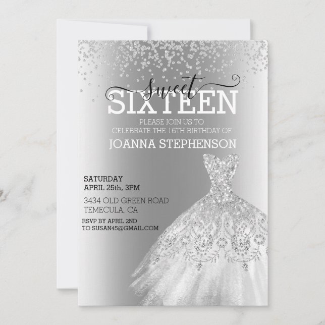 Invitation Robe de soirée pour fête d'anniversaire Sweet 16 S (Devant)