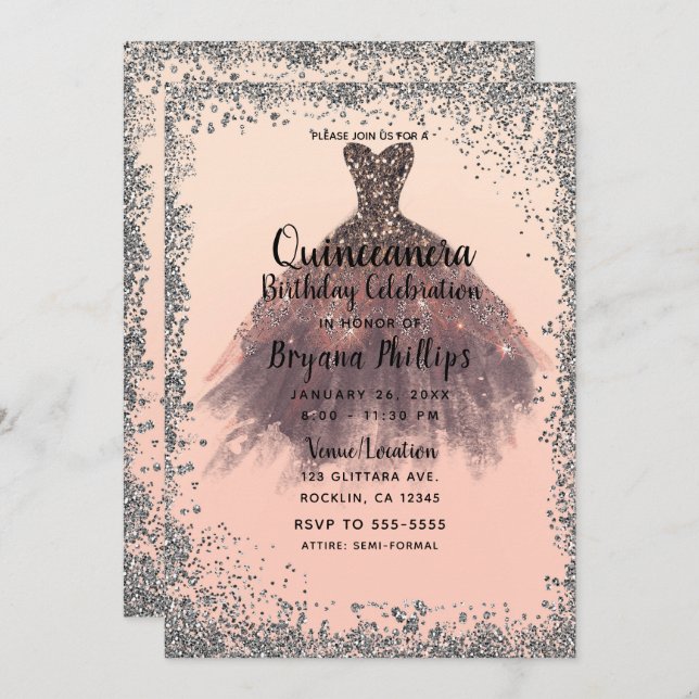 Invitation Robe de soirée Quinceañera 15 pailletée pêche et a (Devant / Derrière)