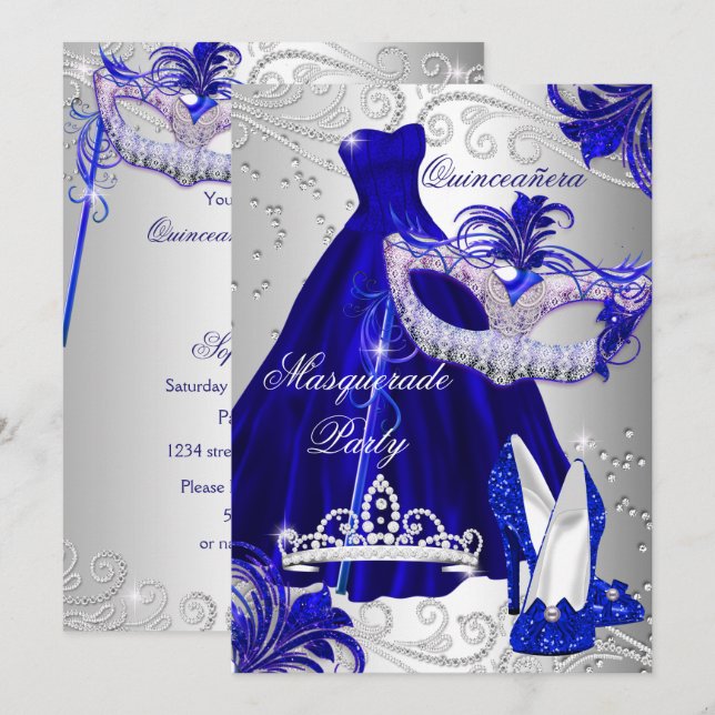 Invitation Robe de soirée Quinceanera Bleu Argent pour soirée (Devant / Derrière)