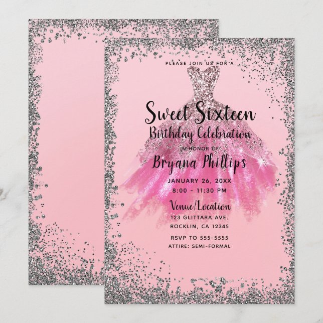 Invitation Robe de soirée rose pailletée argentée pour Sweet  (Devant / Derrière)