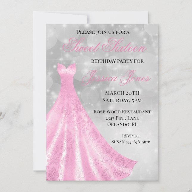 Invitation Robe de soirée rose pour fête d'anniversaire Sweet (Devant)
