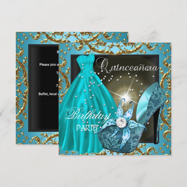 Invitation robe de soirée sarcelle pour fête de quinceañera 1 (Devant / Derrière)
