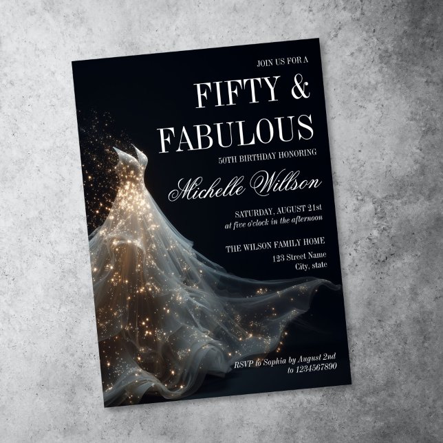 Invitation Robe de soirée scintillante dorée Fifty and Fabulo (elegant white dress with golden sparkle and glitter, 50 and fabulous birthday invitation)