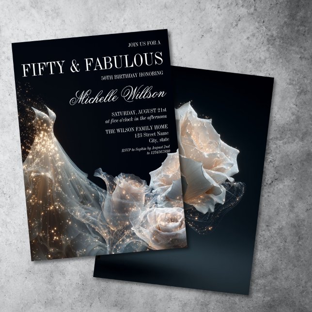 Invitation Robe de soirée scintillante dorée Fifty et Fabulou (glitter sparkling white dress with white roses on the black background, fifty and fabulous birthday )