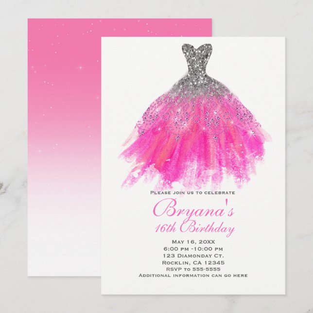 Invitation Robe de soirée scintillante rose et argentée pour  (Devant / Derrière)