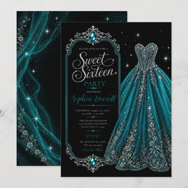 Invitation Robe de soirée turquoise Jewel pour 16 ans (Devant / Derrière)
