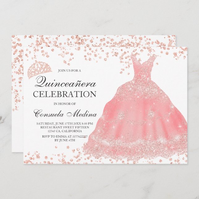 Invitation Robe de tiare blush parties scintillant or rose Qu (Devant / Derrière)
