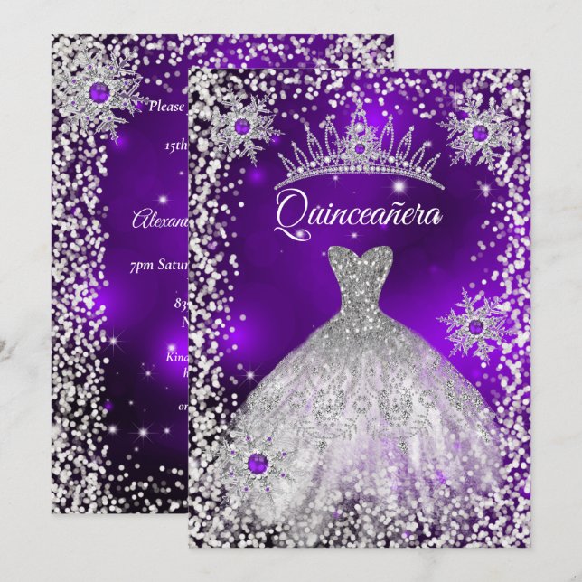 Invitation Robe de tiare de Quinceanera violet hiver flocon d (Devant / Derrière)