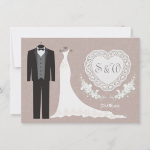 Invitation Robe de Tuxedo, coeur sur Mariage gris beige