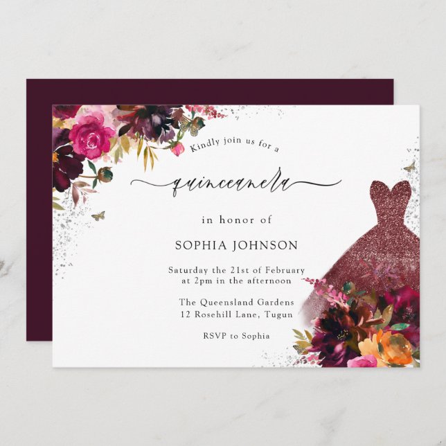 Invitation Robe d'étincelle de Bourgogne Quinceanera (Devant / Derrière)