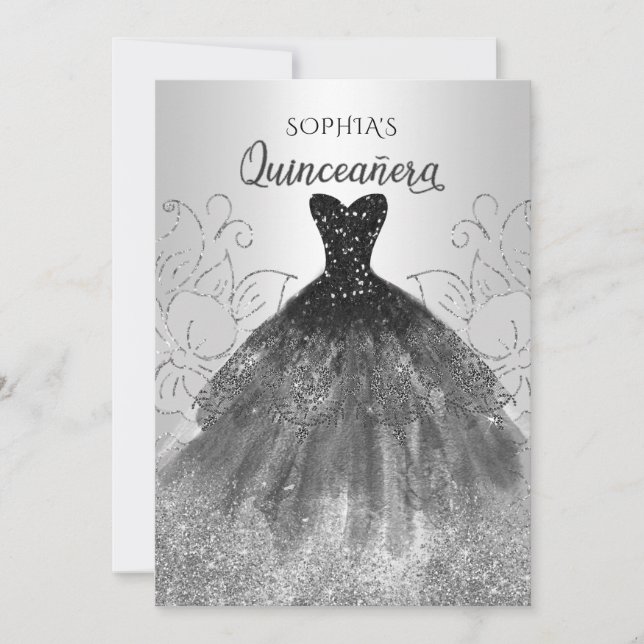 Invitation Robe d'étincelle noire en argent Quinceañera (Devant)