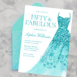 Invitation Robe d'étincelle turquoise 50e anniversaire<br><div class="desc">Robe d'étincelle Turquoise 50e fête d'anniversaire Cinquante et fabuleuse Invitation Variations à l'invitation et articles correspondants dans notre magasin</div>