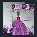 Invitation Robe d'étincelle violet argent Douce 16 ans<br><div class="desc">Robe d'Argent Violet Étincelle Douce 16 Anniversaire Invitation. Cheveux Brown de peau lisse</div>