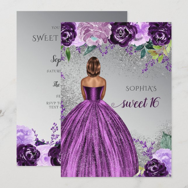 Invitation Robe d'étincelle violet argent Douce 16 ans (Devant / Derrière)