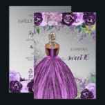 Invitation Robe d'étincelle violet argent Douce 16 ans<br><div class="desc">Robe d'Argent Violet Étincelle Douce 16 Anniversaire Invitation. Peau foncée Blonde Cheveux</div>
