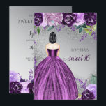 Invitation Robe d'étincelle violet argent Douce 16 ans Invi<br><div class="desc">Robe d'Argent Violet Étincelle Douce 16 Anniversaire Invitation. Cheveux noirs courts de peau</div>