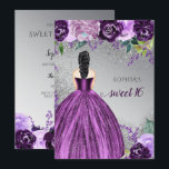 Invitation Robe d'étincelle violet argent Douce 16 ans Invi<br><div class="desc">Robe d'Argent Violet Étincelle Douce 16 Anniversaire Invitation. Cheveux noirs à peau claire</div>
