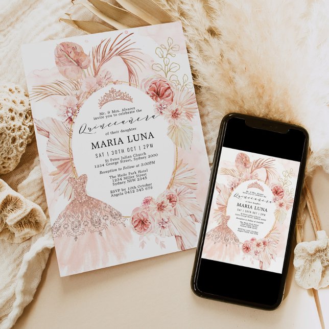 Invitation Robe d'herbe Quinceañera Blush Boho Floral Pampas (Créateur téléchargé)