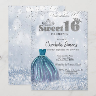 Invitation Robe, Diadème Confetti Princesse Bokeh Sweet 16
