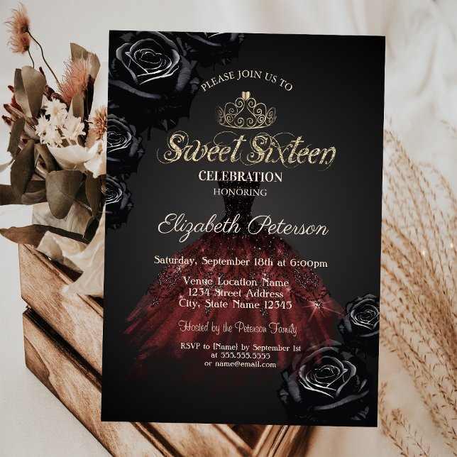 Invitation Robe, Diadème, Roses Noires Sweet 16 (Créateur téléchargé)
