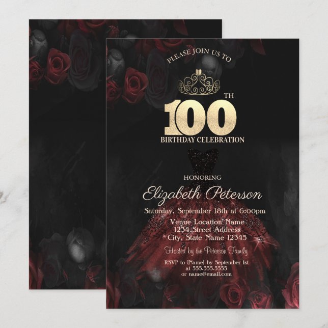 Invitation Robe, Diadème, Roses Rouges 100e Anniversaire (Devant / Derrière)