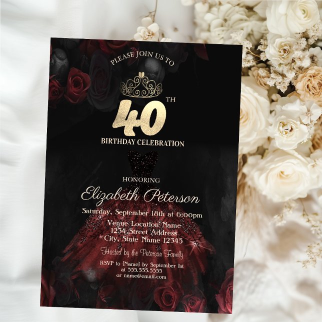 Invitation Robe, Diadème, Roses Rouges 40e Anniversaire (Créateur téléchargé)