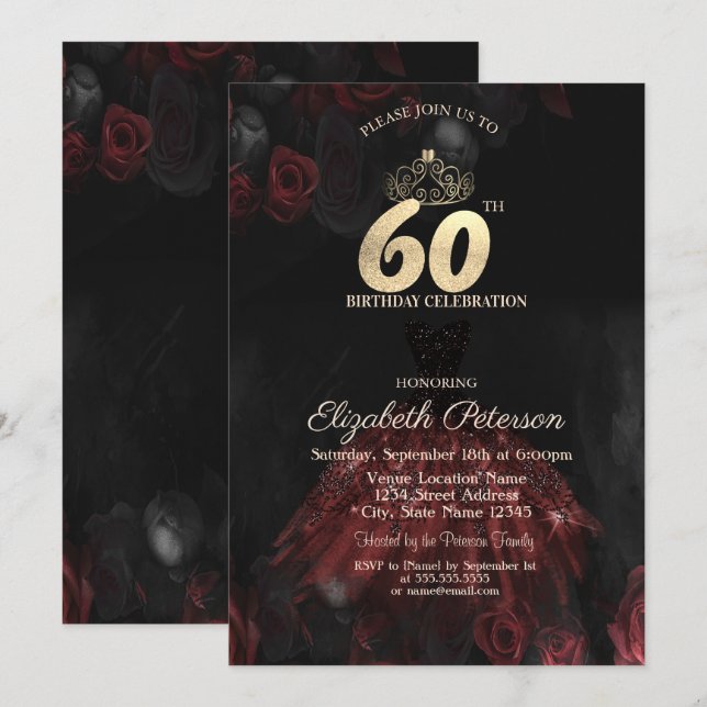 Invitation Robe, Diadème, Roses Rouges 60ème Anniversaire (Devant / Derrière)