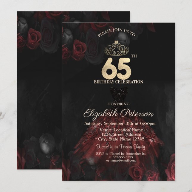 Invitation Robe, Diadème, Roses Rouges 65e Anniversaire (Devant / Derrière)