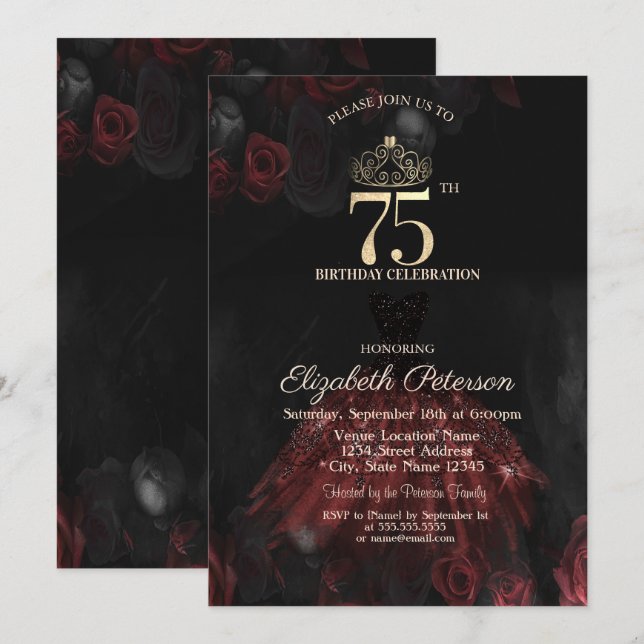 Invitation Robe, Diadème, Roses Rouges 75e Anniversaire (Devant / Derrière)