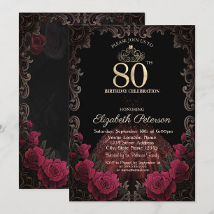 Invitation Robe, Diadème, Roses Rouges Cadre Gothique 80e Ann