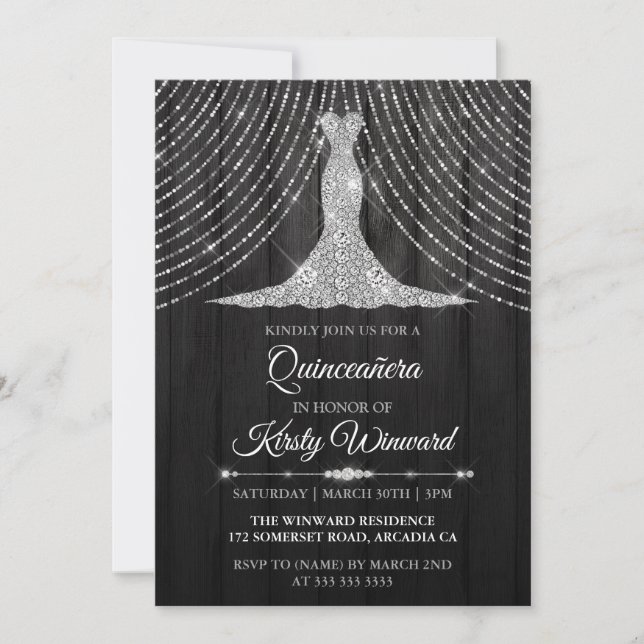 Invitation Robe Diamant Noir Argent Quinceanera (Devant)