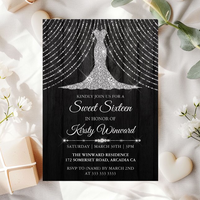 Invitation Robe Diamant Noir Argenté Sweet 16 (Créateur téléchargé)