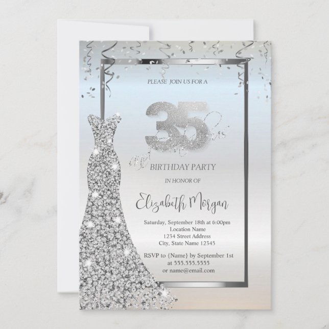 Invitation Robe Diamants Brillants Argentés 35e Anniversaire (Devant)