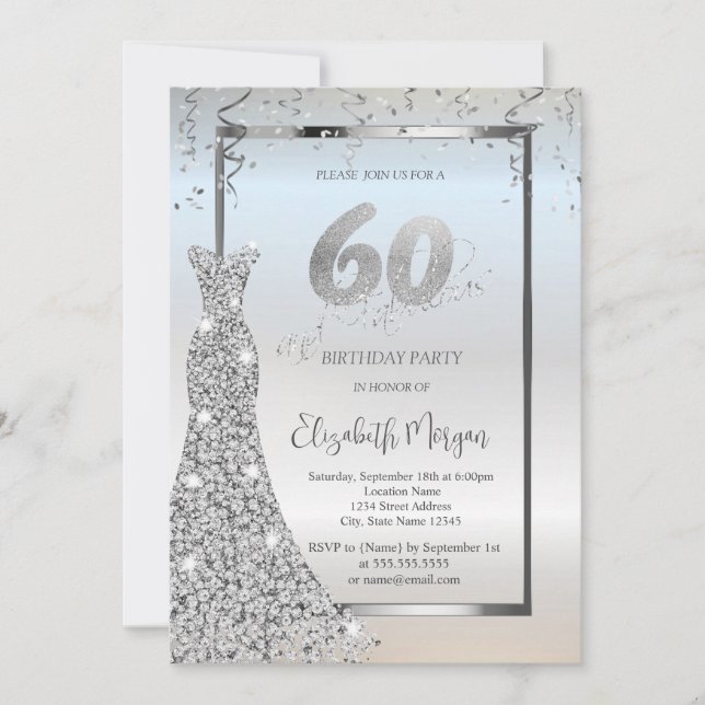 Invitation Robe Diamants Brillants Argentés 60 ans Anniversai (Devant)