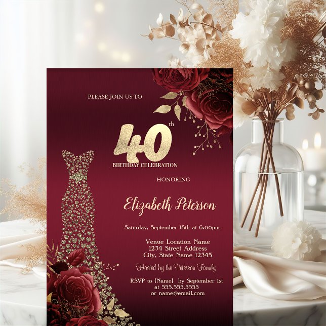 Invitation Robe Diamants Or Roses Rouges 40e Anniversaire (Créateur téléchargé)