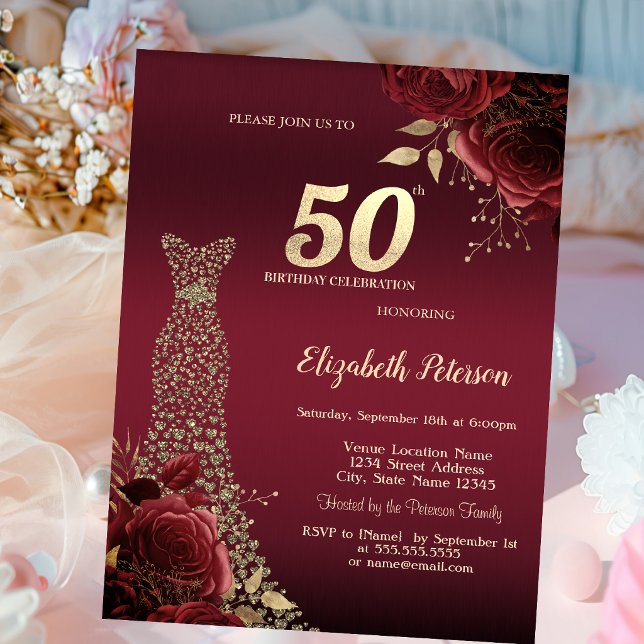 Invitation Robe Diamants Or Roses Rouges 50e Anniversaire (Créateur téléchargé)