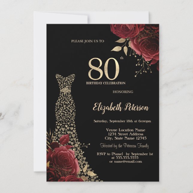 Invitation Robe Diamants Or Roses Rouges 80e Anniversaire Noi (Devant)