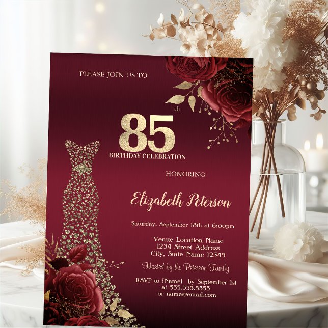 Invitation Robe Diamants Or Roses Rouges 85e Anniversaire (Créateur téléchargé)