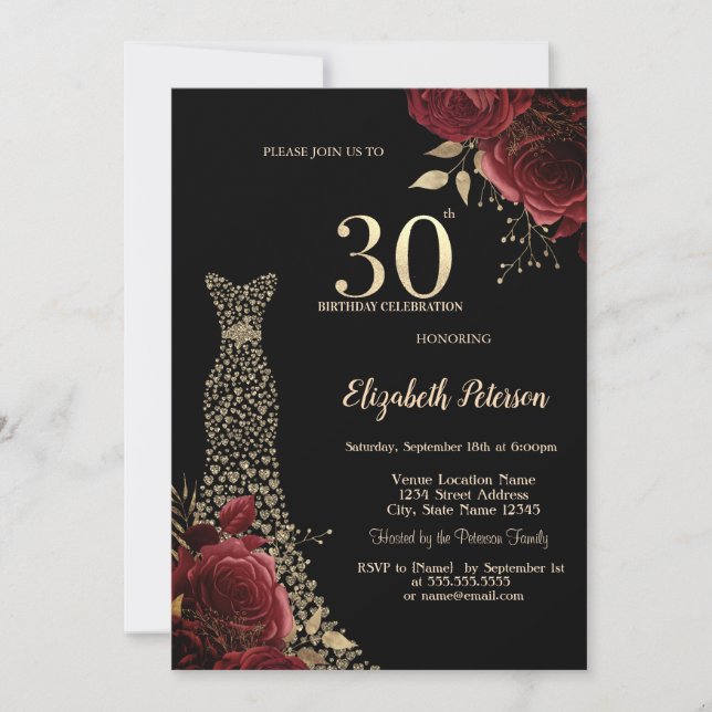 Invitation Robe Diamants Or Roses Rouges Noires 30e Anniversa (Devant)