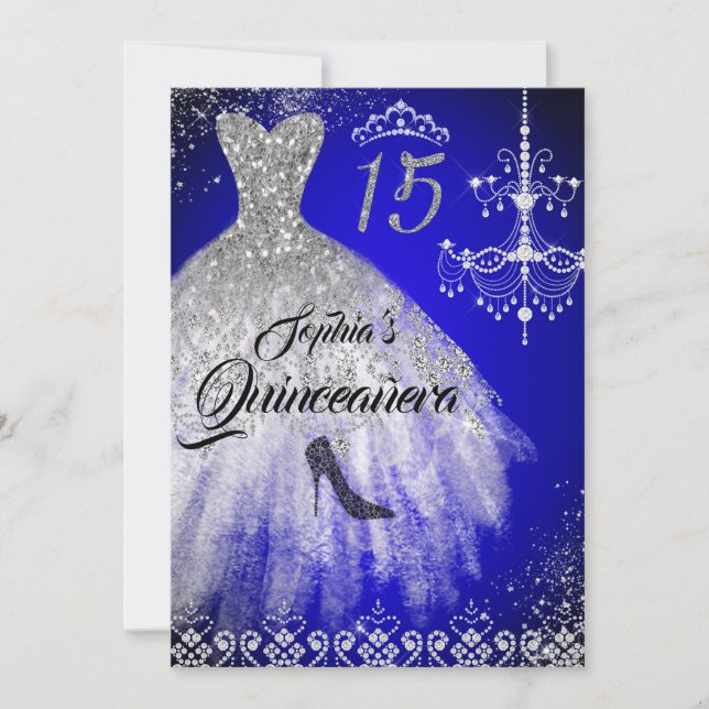 Invitation Robe Diamond étincelante bleu argent Quinceanera (Devant)