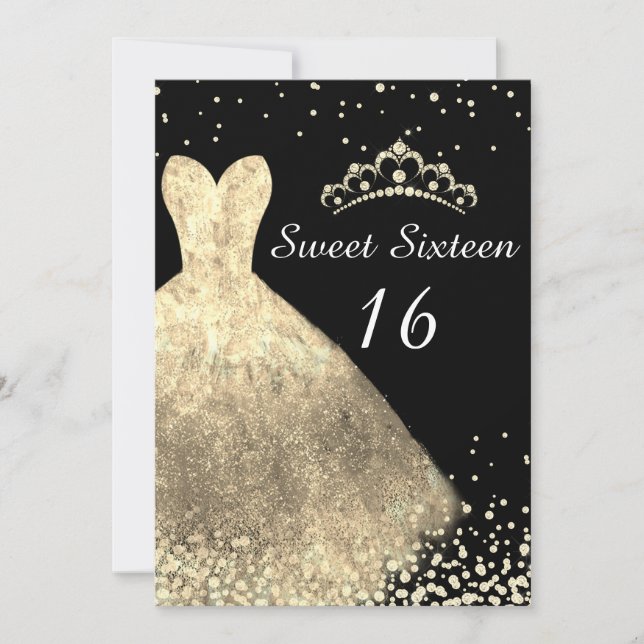 Invitation Robe d'or & Black Sweet 16 16e fête d'anniversaire (Devant)