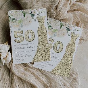 Invitation Robe d'or Blanc Floral Roses 50e anniversaire