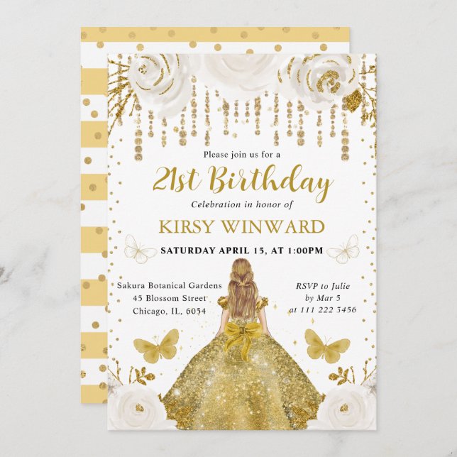 Invitation Robe d'or Blonde Haired Princesse Anniversaire (Devant / Derrière)
