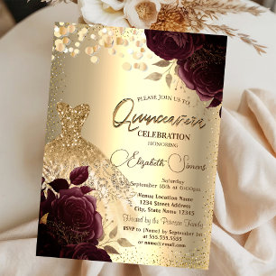 Invitation Robe d'or Bourgogne Roses Quinceañera