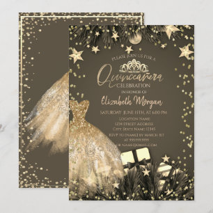 Invitation Robe d'or, Branches, Étoiles de diamants Quinceañe