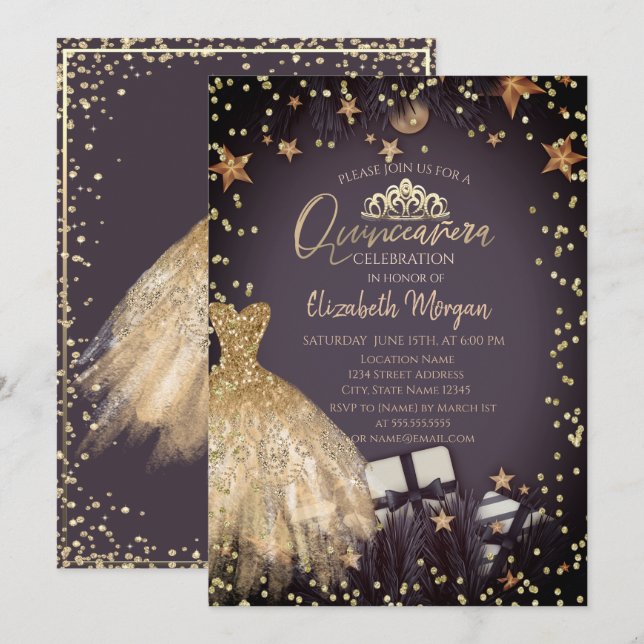 Invitation Robe d'or, Branches, Étoiles de diamants Quinceañe (Devant / Derrière)