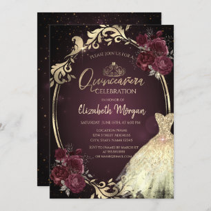 Invitation Robe d'or Cadre Bourgogne Roses Quinceañera
