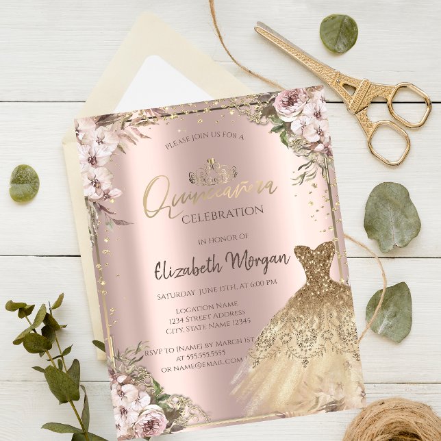 Invitation Robe d'or, Diamants Boho Fleurs Quinceañera (Créateur téléchargé)