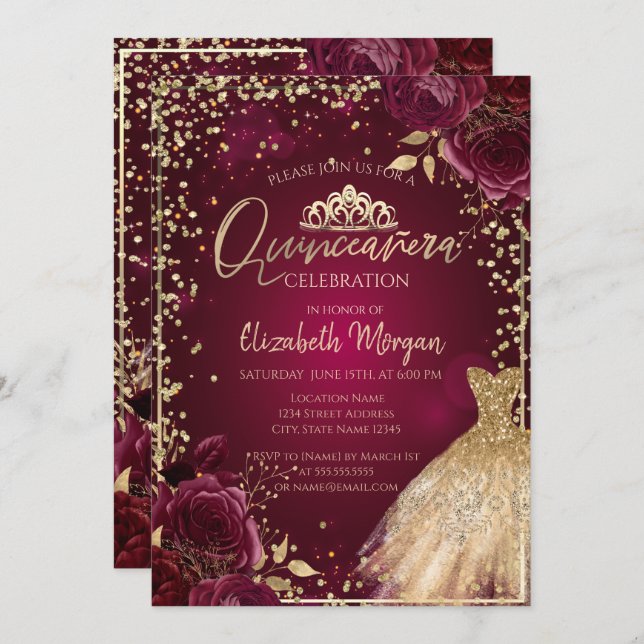 Invitation Robe d'or, Diamants Bourgogne Roses Quinceañera (Devant / Derrière)