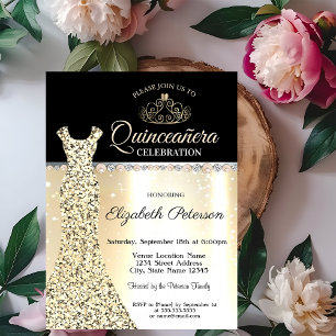 Invitation Robe d'or élégant, Diamonds Pearls Quinceañera